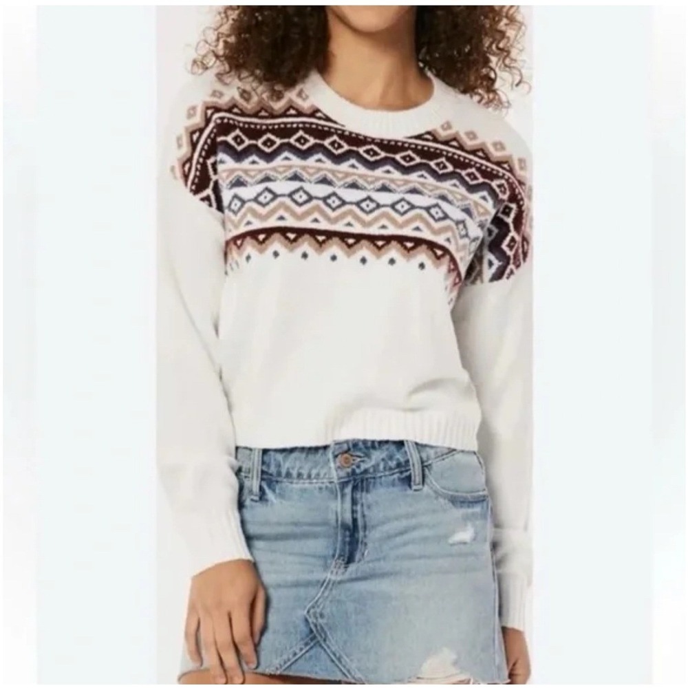 Hollister Womens XS Fair Isle Knit Sweater White Burgundy Geometric Pullover